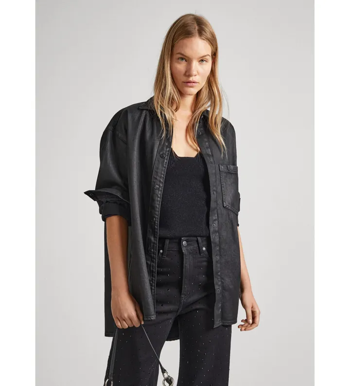 Pepe Jeans para mujer. PL304729 Sobrecamisa Alix Coated negro (L), Casual, Algodón, Manga larga