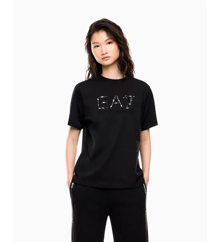 EA7 para mujer. 7W001096_AF21636 Camiseta de punto Logo Series negro (L), Casual, Algodón, Manga corta