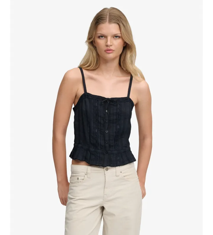 Superdry para mujer. W6012218A Top camisola encaje marino (S), Casual, Algodón, Sin mangas / Tirantes