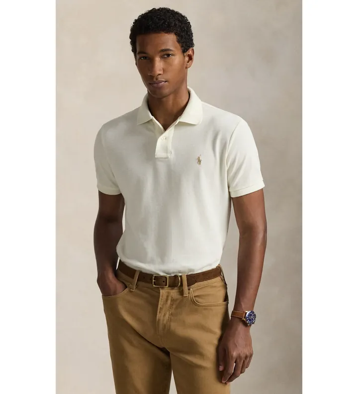 Polo Ralph Lauren para hombre. 710680784372 El icónico polo de piqué blanco roto (L), Casual, Algodón, Manga corta