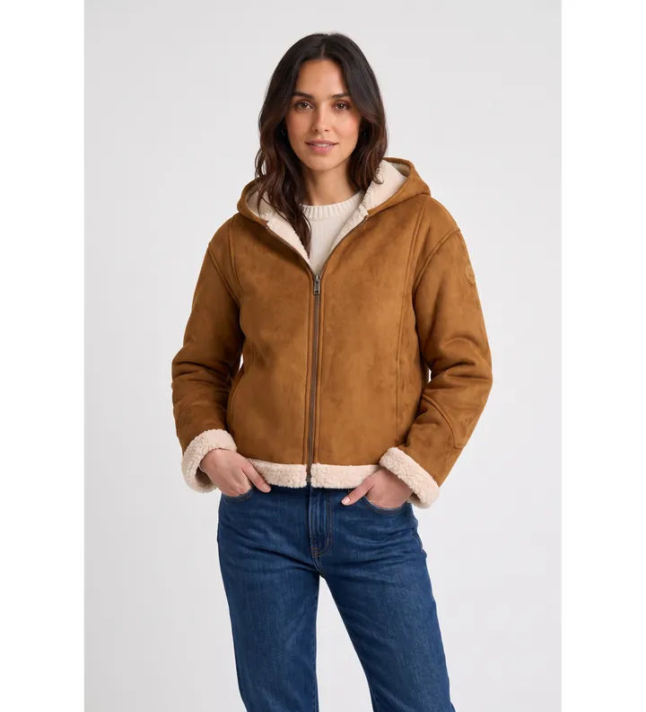 Colmar para mujer. 20000019-1JU Chaqueta con capucha de piel de oveja marrón (40), Casual, Poliéster