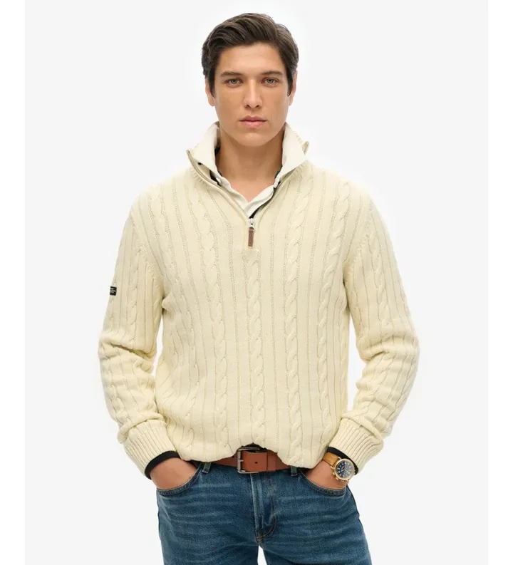 Superdry para hombre. M6110661B Jersey con media cremallera Cotton Classic Cable 1/2 blanco crema (L), Casual, Algodón