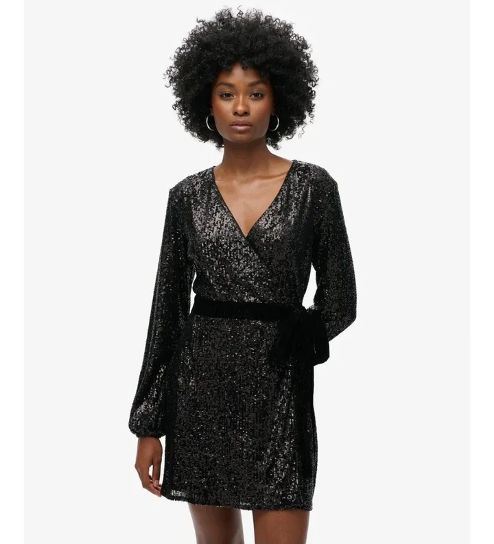 Superdry para mujer. W8011789A Vestido Sequin Velvet Wrap negro (L), Casual, Fiesta, Poliéster, Manga larga