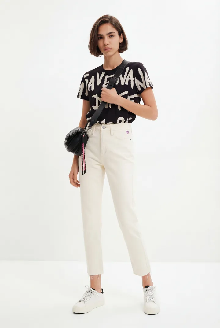 Desigual, Vaquero Straight cropped, Algodon, Blanco, 34