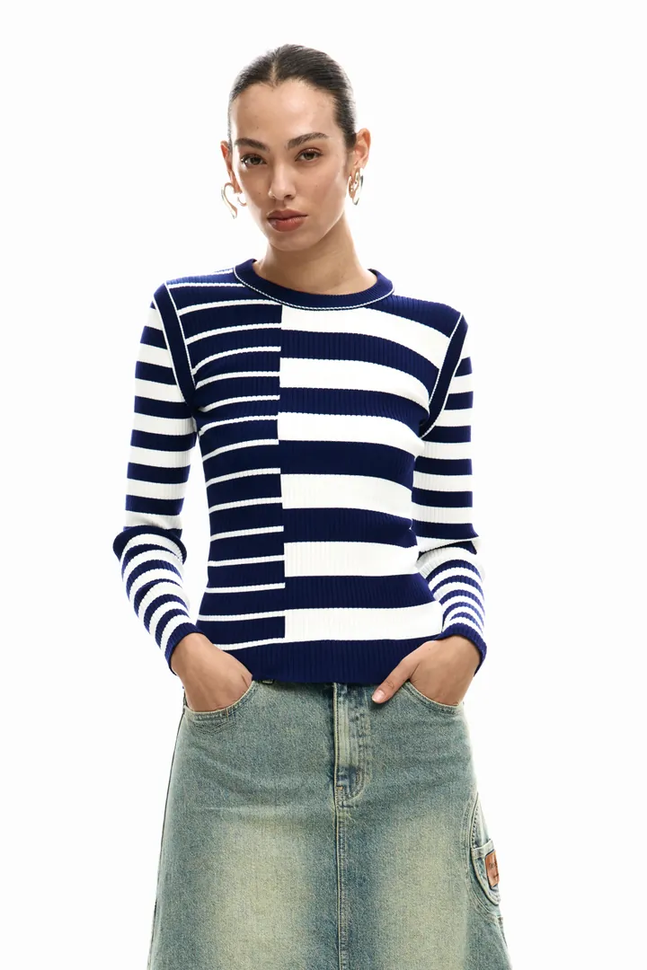 Desigual, Jersey rayas rib, Mujer, Blanco, L