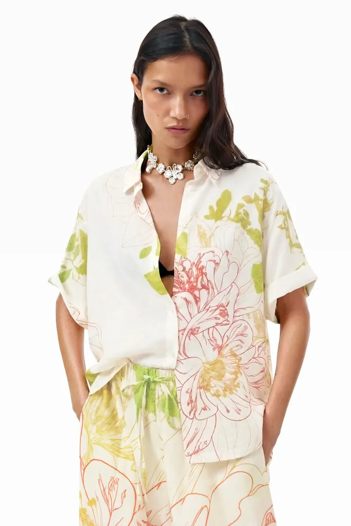 Desigual, Camisa Flores Manga Corta, Mujer, Viscosa, Blanco, L