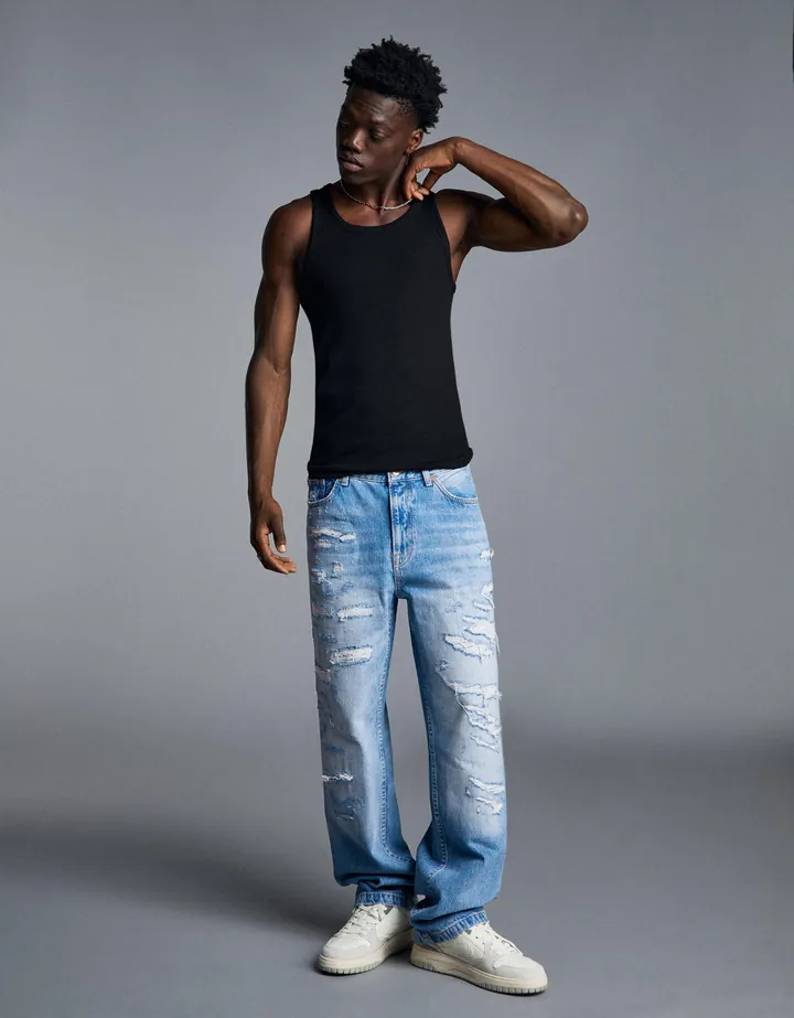 Bershka Jeans Straight Wide Rotos Hombre 32 Azul Lavado
