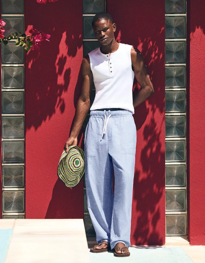 Bershka Pantalón Baggy Fluido Bordado Hombre L Azul