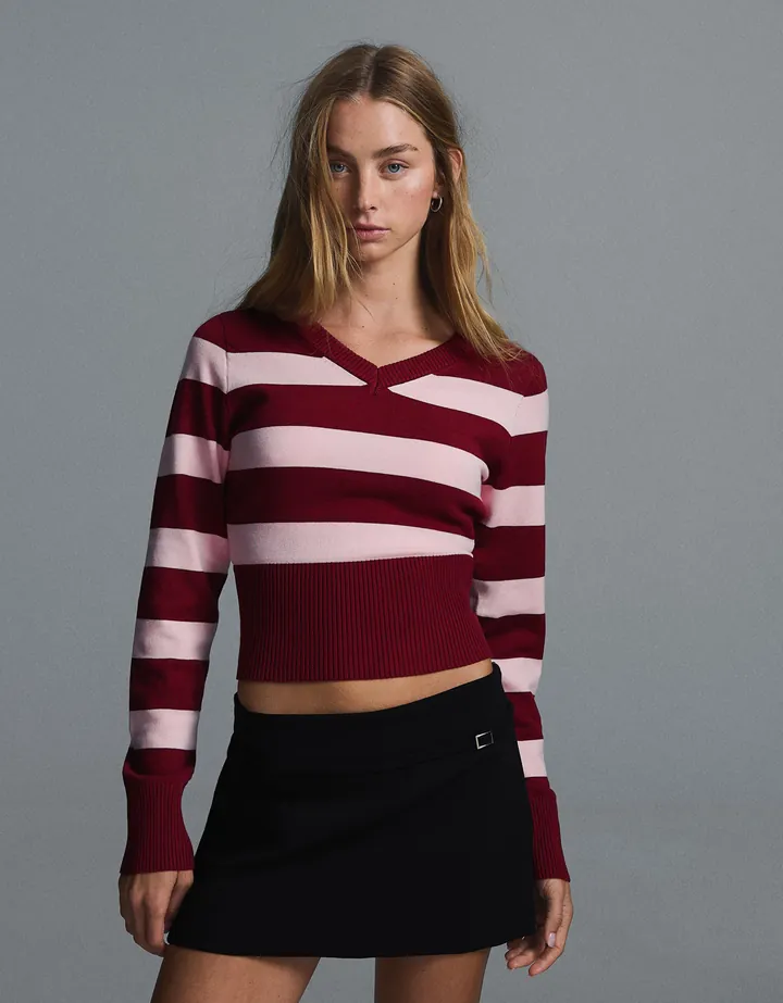 Bershka Jersey Cuello Pico Rayas Mujer L Burdeos