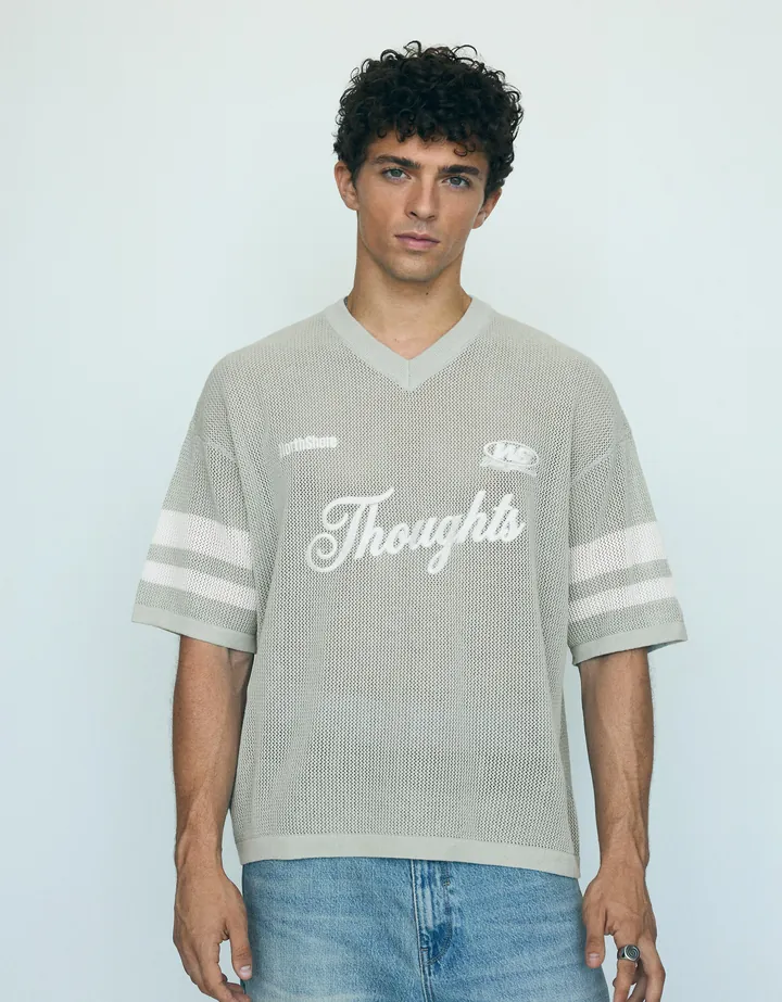 Bershka Camiseta Cuello Pico Mesh Bordado Hombre L Verde