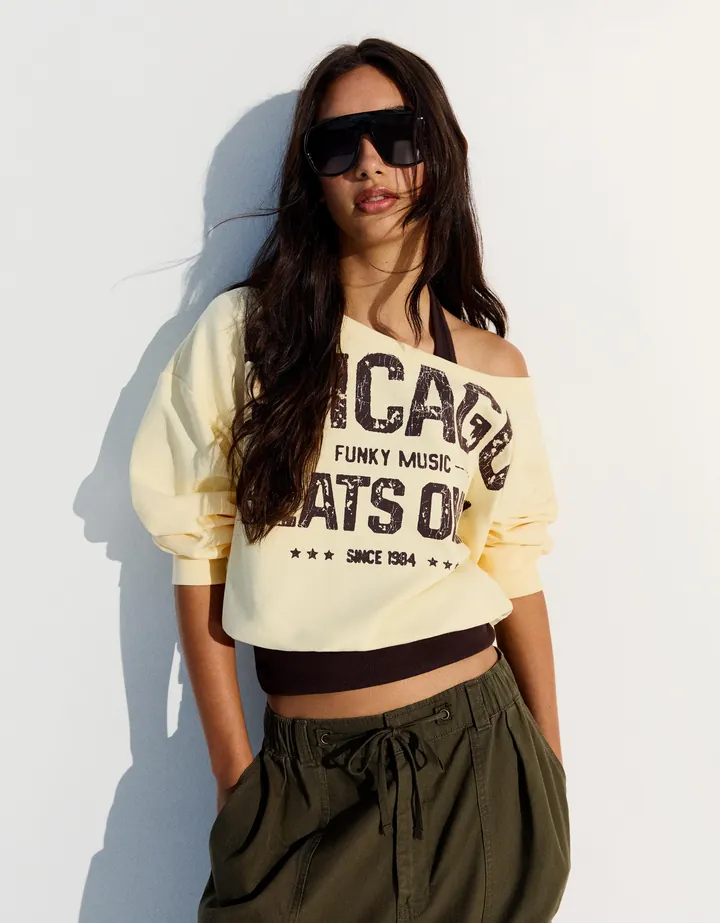 Bershka Sudadera Cuello Asimétrico Doble Mujer L Amarillo