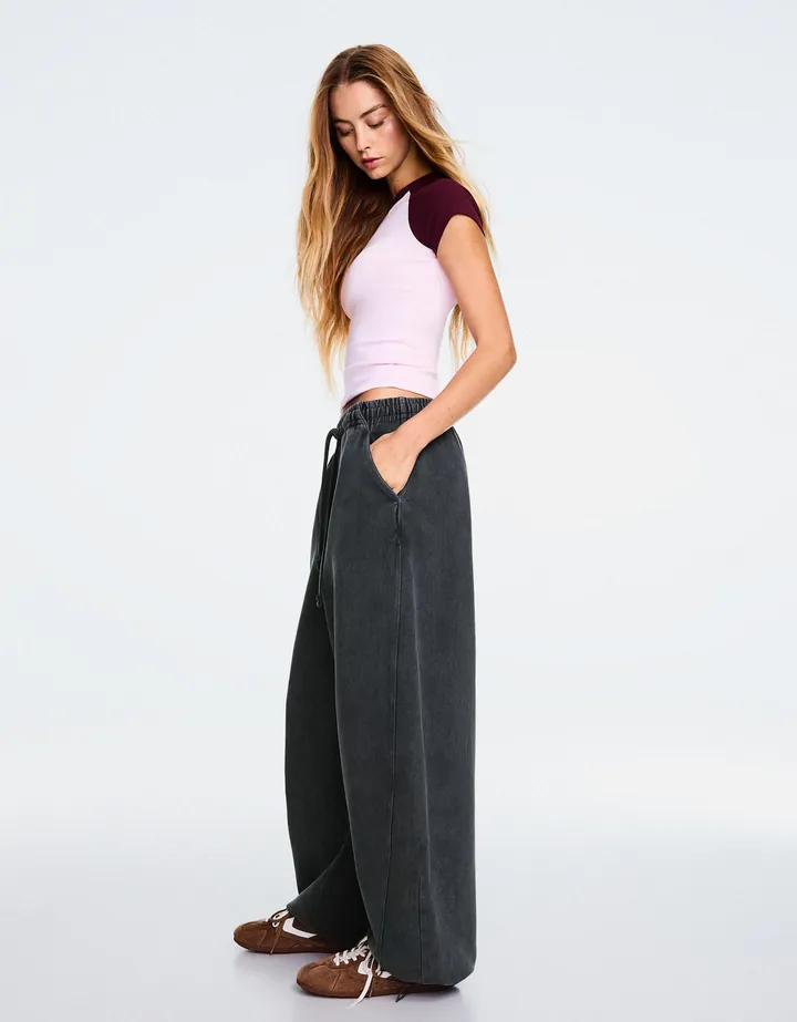 Bershka Pantalón Barrel Felpa Stoppers Mujer L Gris