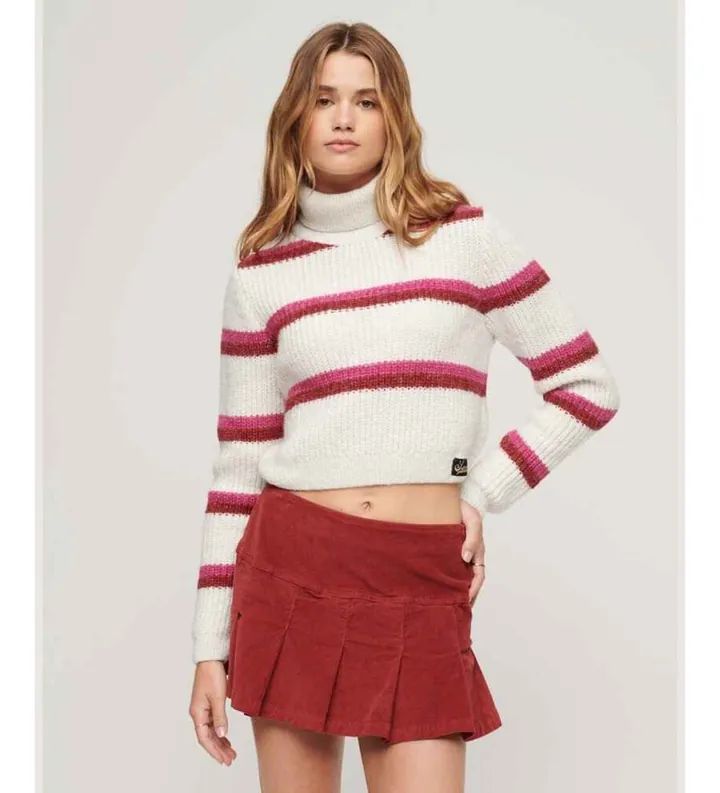 Superdry para mujer. W6110536A Jersey corto de cuello vuelto de rayas blanco (S), Casual, Acrílico