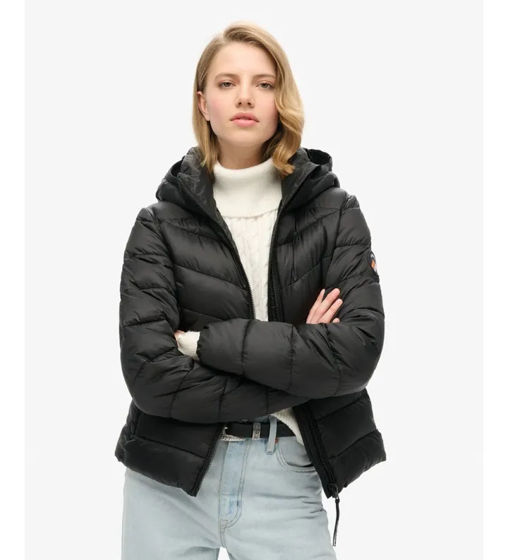 Superdry para mujer. W5011724A Chaqueta acolchada Hooded Fuji negro (L), Casual, Poliéster
