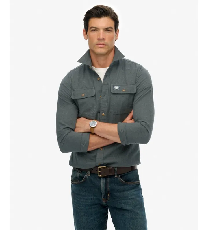Superdry para hombre. M4010723A Camisa Flannel Work verde grisáceos (S), Casual, Algodón, Manga larga