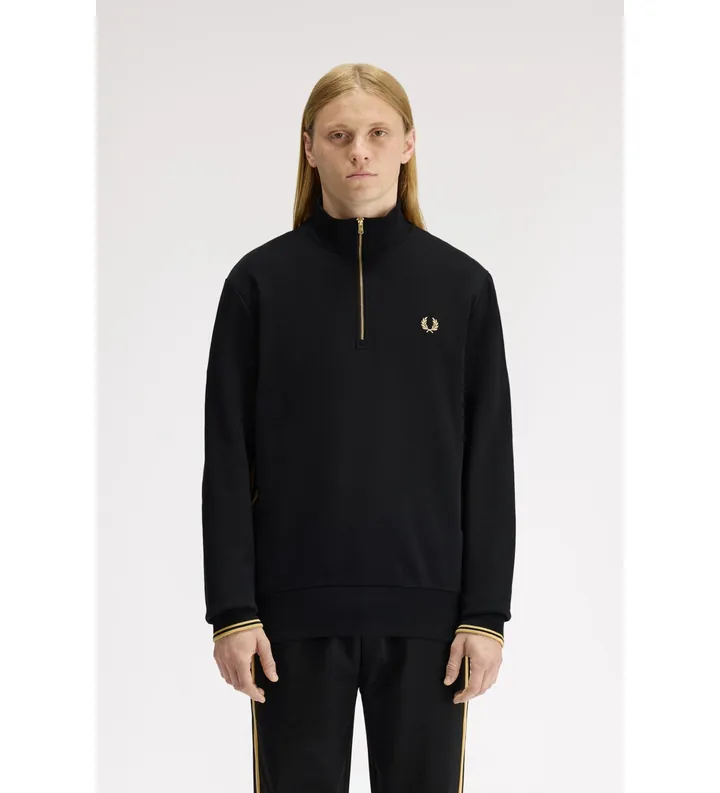 Fred Perry para hombre. M2444 Sudadera con cinta deportiva a rayas y media cremallera negro (L), Casual, Algodón