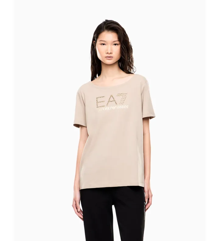 EA7 para mujer. 7W001098_AF14880 Camiseta de punto de algodón elástico Logo beige (3XL), Marrón, Casual, Gris, Manga corta