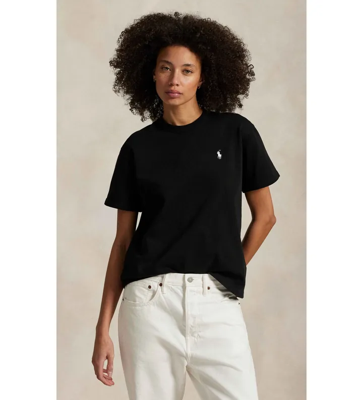 Polo Ralph Lauren para mujer. 211967104002 Camiseta de punto jersey de algodón negro (L), Casual, Manga corta