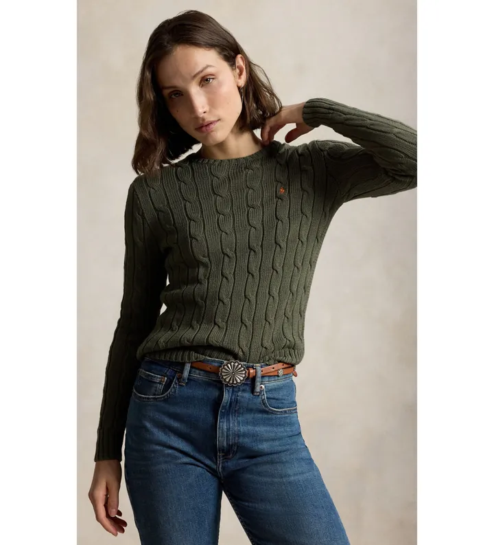 Polo Ralph Lauren para mujer. 211971869510 Jersey de algodón en punto de ochos verde (L), Casual, Manga larga