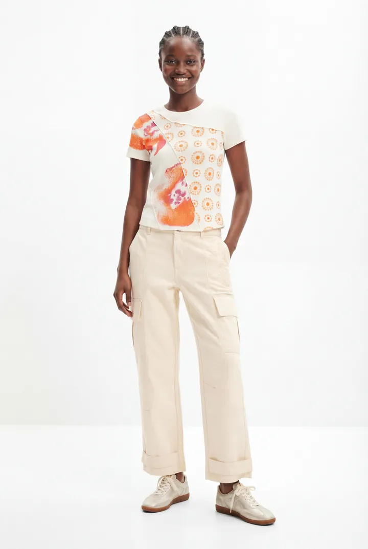Desigual, Pantalón cargo bordado, Algodon, Blanco, 34