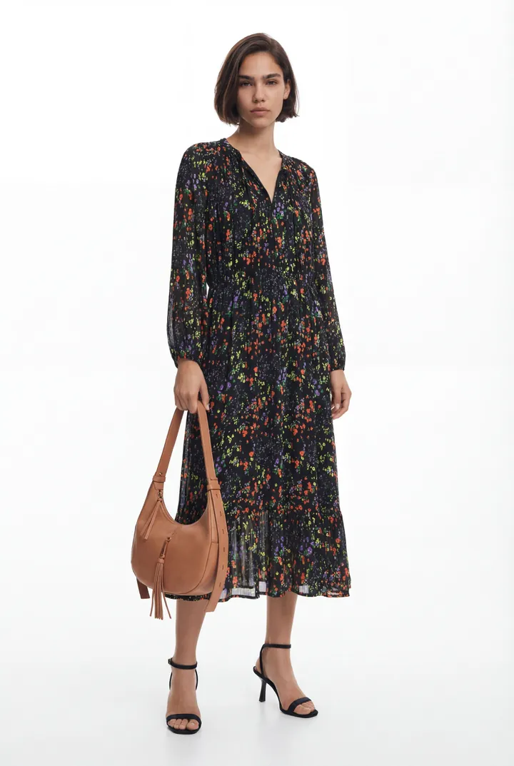 Desigual, Vestido midi flores, Poliester, Negro, L