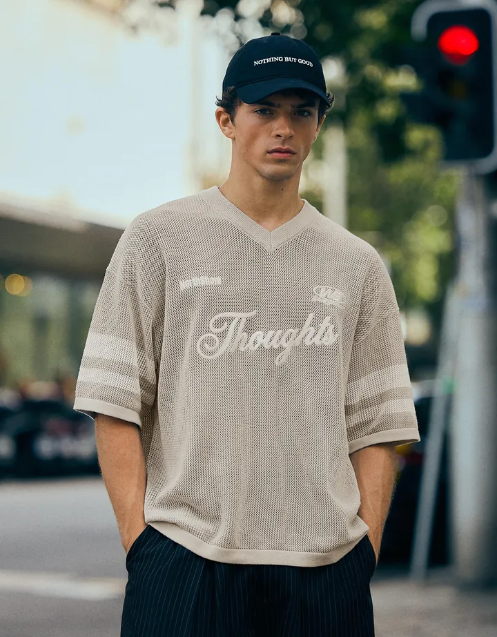 Bershka Camiseta Cuello Pico Mesh Bordado Hombre L Gris