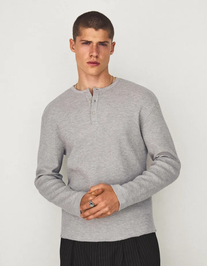 Bershka Camiseta Manga Larga Slim Cuello Panadero Hombre L Gris