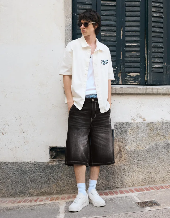 Bershka Bermuda Denim Skater Hombre 32 Negro