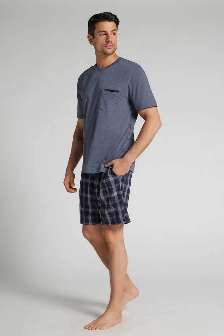 Intimissimi Pijama Corto de Algodón y Tela Estampado Cuadros Denim Hombre Azul Tamaño L