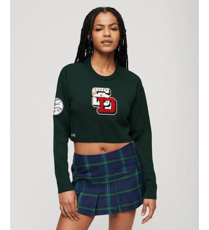 Superdry para mujer. W6110537A Jersey corto de cuello redondo Varsity verde verde (L), Casual, Algodón Orgánico, Sostenible