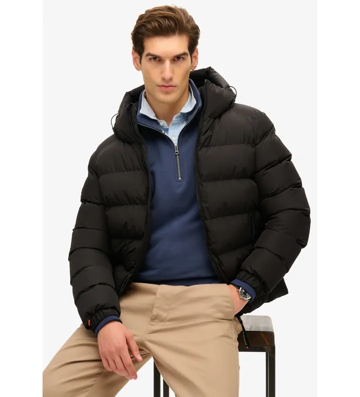Superdry para hombre. M5011905A Chaqueta acolchada con capucha Sports negro (L), Casual, Poliéster Reciclado, Sostenible