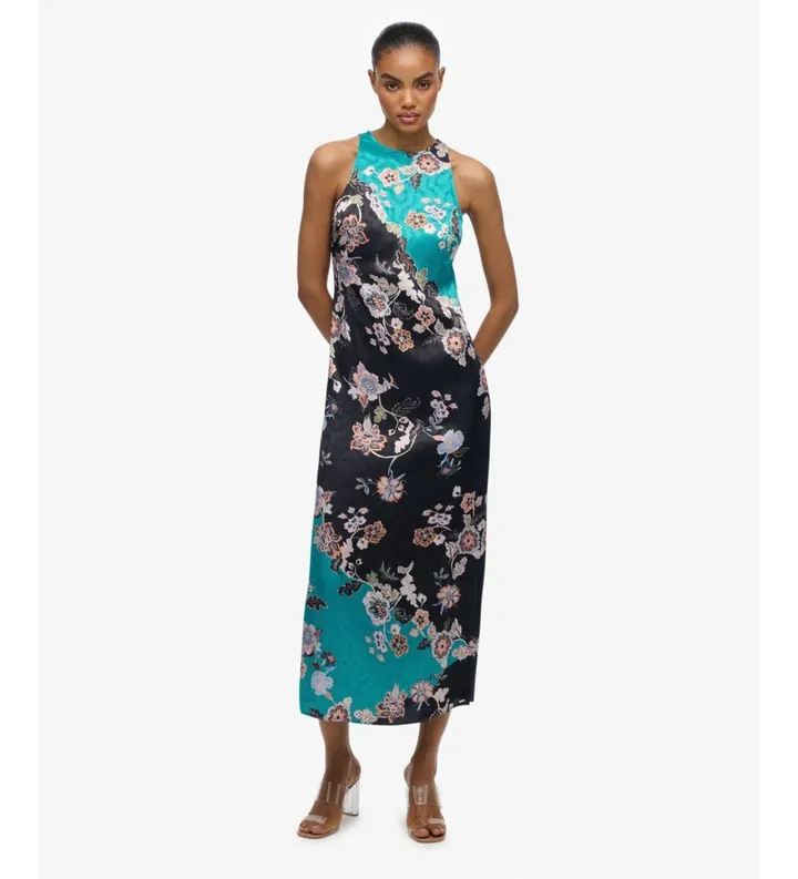 Superdry para mujer. W8012040A Vestido Jacquard azul, negro (L), Casual, Fiesta, Viscosa, Sin mangas / Tirantes