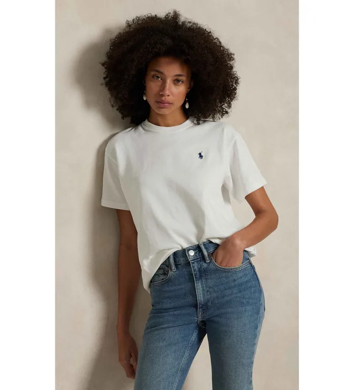 Polo Ralph Lauren para mujer. 211967104001 Camiseta de punto jersey de algodón blanco (L), Casual, Manga corta