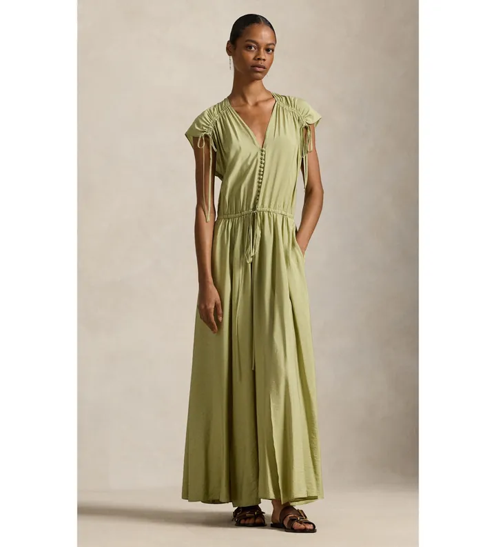 Polo Ralph Lauren para mujer. 211A96358001 Vestido de crepé con cintas en jaretas verde (40), Casual, Fiesta, Viscosa, Sin mangas / Tirantes