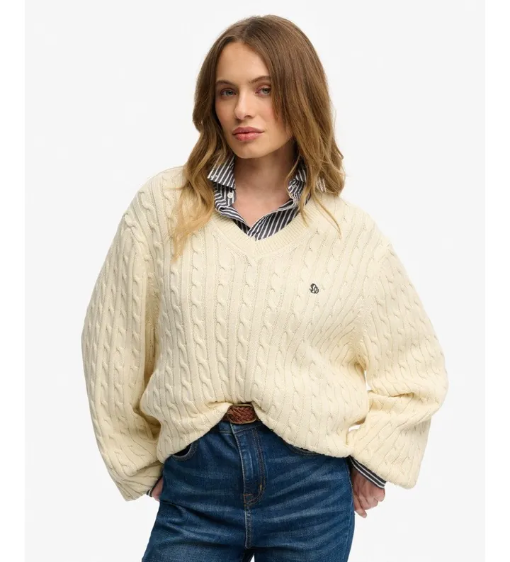 Superdry para mujer. W6110742A Jersey Oversized Cable blanco roto (L), Casual, Algodón