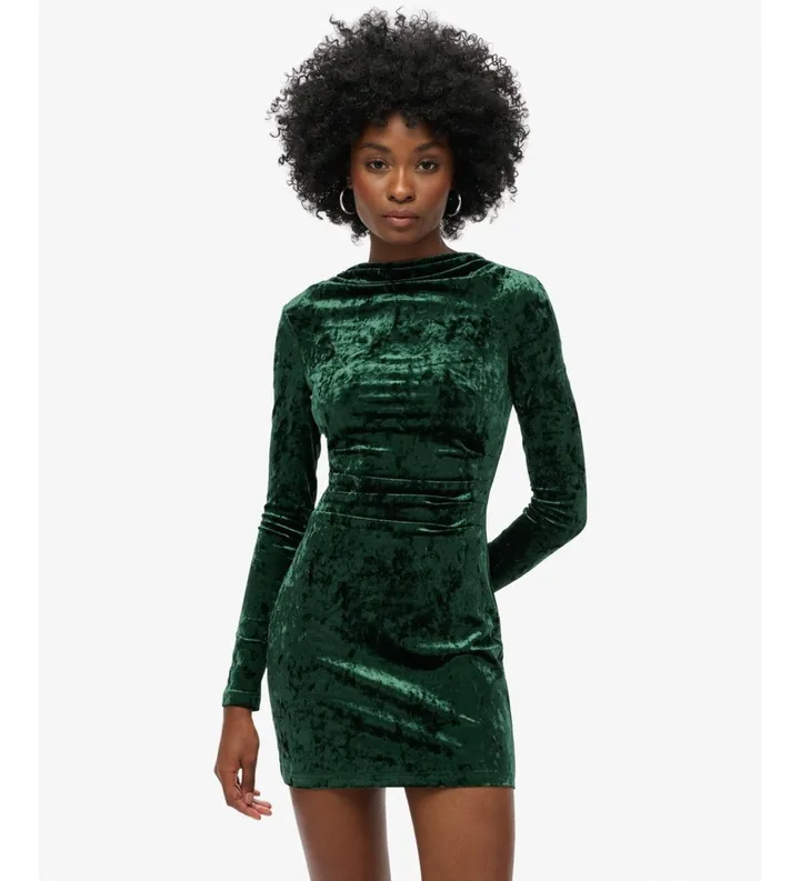 Superdry para mujer. W8011367A Vestido Velvet Longsleeved verde (L), Fiesta, Poliéster, Manga larga