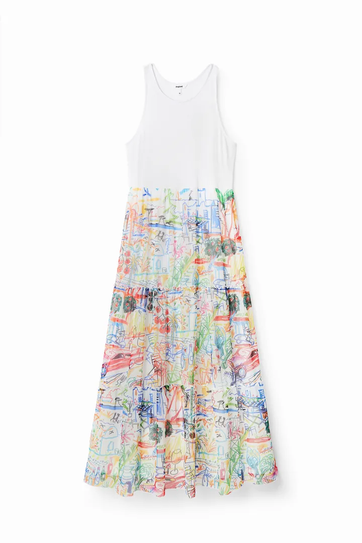 Desigual, Vestido largo combinado tul, Blanco, XL