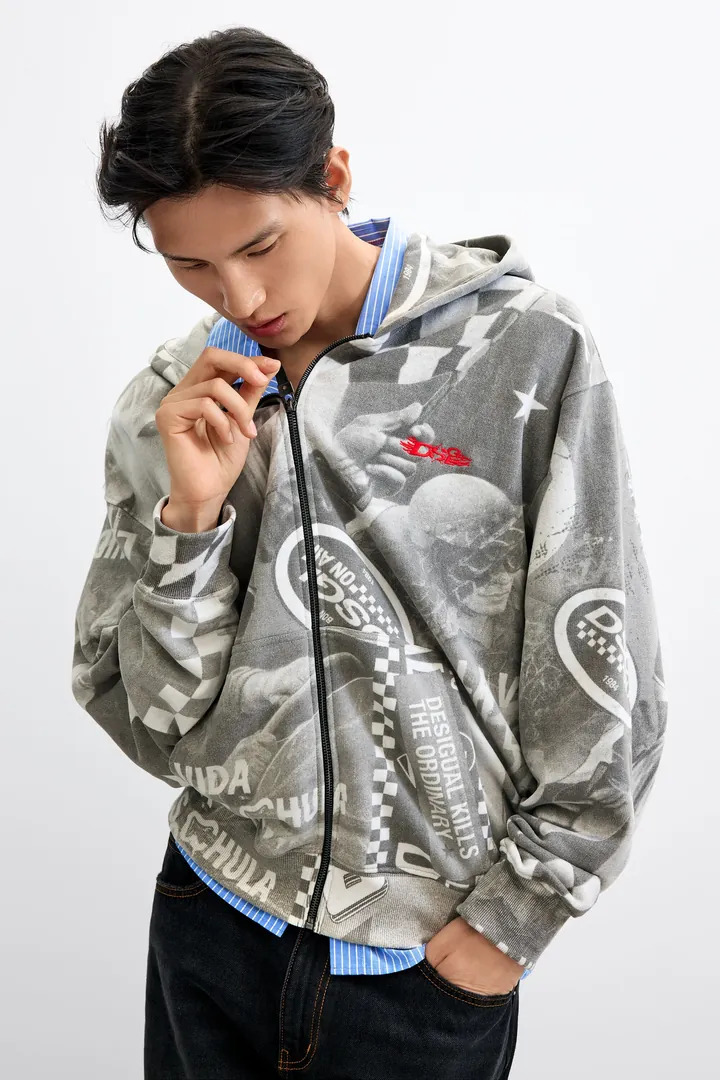 Desigual, Sudadera estampada, Hombre, Algodon, Negro, L