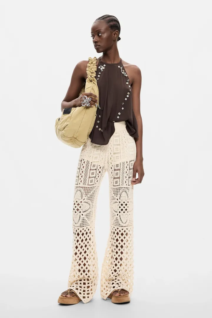 Desigual, Pantalón crochet, Mujer, Blanco, L