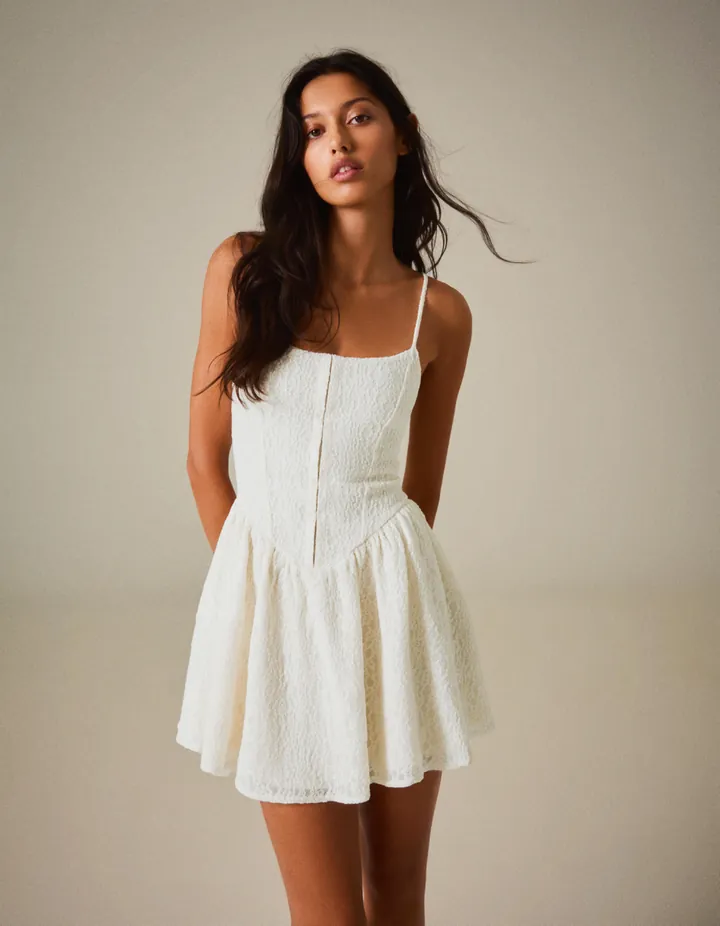 Bershka Vestido Mini Corsé Rústico Mujer L Blanco Roto