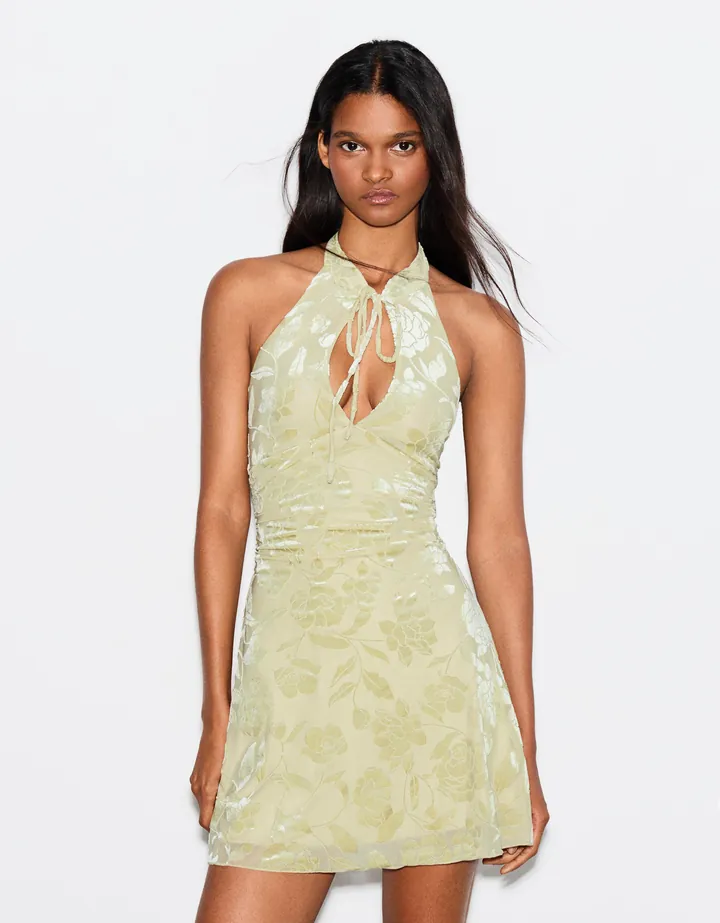 Bershka Vestido Halter Mini Tul Flocado Mujer L Verde