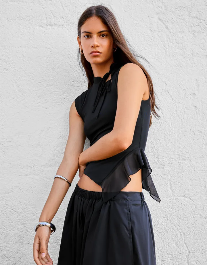 Bershka Camiseta Manga Corta Tul Mujer L Negro