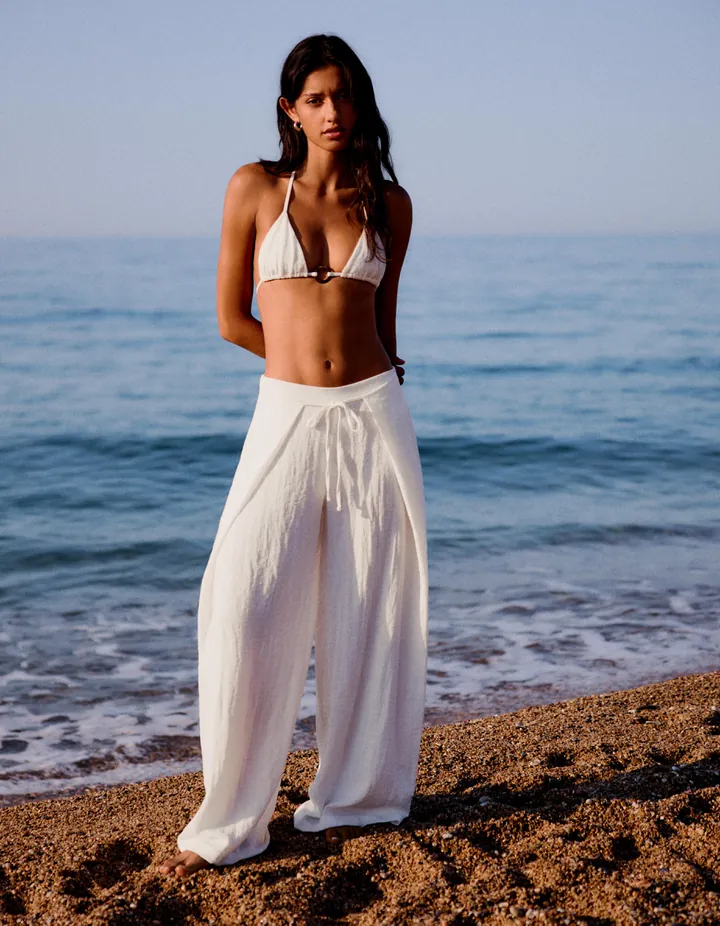 Bershka Pantalón Wide Leg Rústico Pliegues Mujer L Blanco Roto