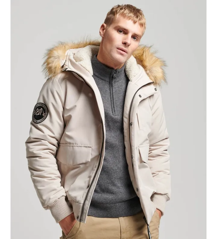 Superdry para hombre. M5011742A Cazadora bómber acolchada con capucha Everest gris (L), Casual, Poliéster