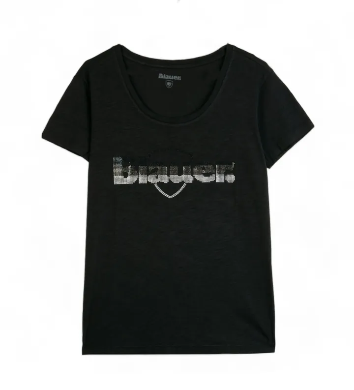 Blauer para mujer. 24SBLDH02335 Camiseta Glitter Degradé negro (XS), Casual, Algodón, Manga corta