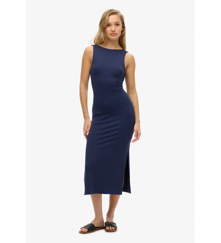 Superdry para mujer. W8011951A Vestido midi con espalda trenzada de jersey marino (L), Casual, Algodón, Sin mangas / Tirantes