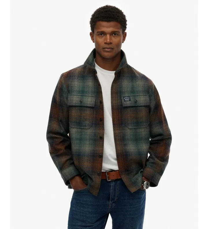 Superdry para hombre. M4011050A Camisa Miller verde (L), Casual, Poliéster, Manga larga