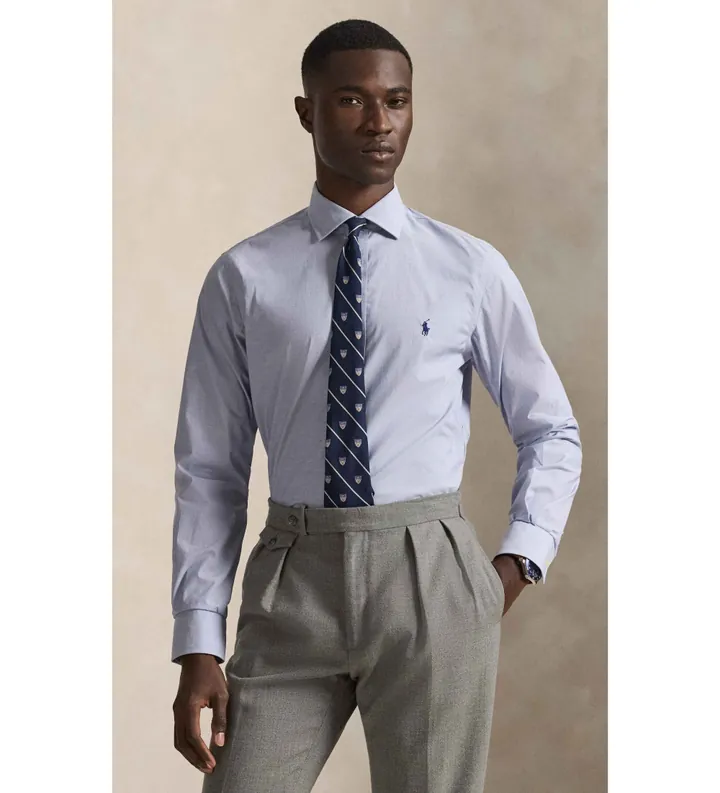 Polo Ralph Lauren para hombre. 712827064001 Camisa de popelina Slim Fit azul (38), Casual, Algodón, Clásico, Manga larga