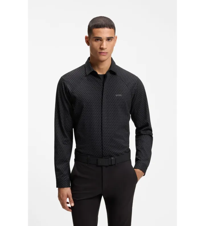 BOSS para hombre. 50554481 Camisa Regular Fit en piqué negro (L), Casual, Algodón, Clásico, Manga larga
