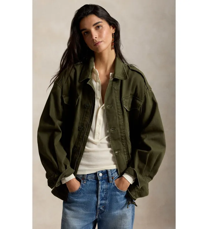 Polo Ralph Lauren para mujer. 211A93153001 Cazadora recortada verde (L), Casual, Algodón, Manga larga